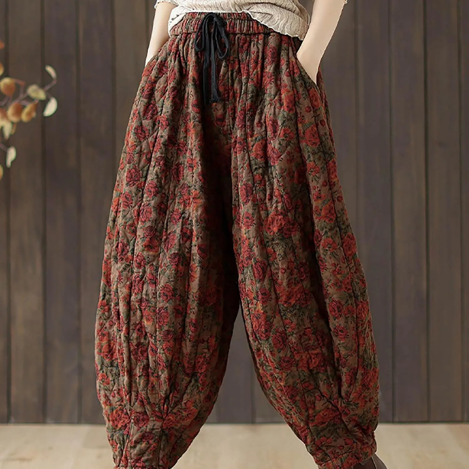 Women's Baggy Harem Pants Vintage Floral Print Casual Elastic Waist Pleated Trousers Trendy Hip-Hop Winter Warm Pant