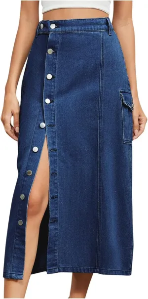 Women's Denim Skirts with Pocket High Waist Button Down Pencil Skirts Fashion Solid Color Mid-Length Jean Skirt