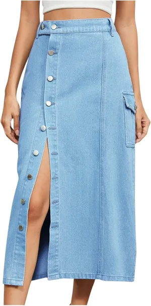 Women's Denim Skirts with Pocket High Waist Button Down Pencil Skirts Fashion Solid Color Mid-Length Jean Skirt