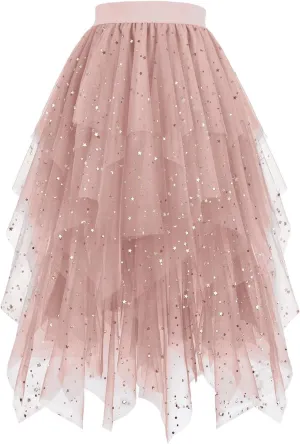 Women's Sequin Skirts A-Line Tiered Mesh Layered Asymmetrical Hem Tutu Tulle Cocktail Party Evening Prom Midi Skirt