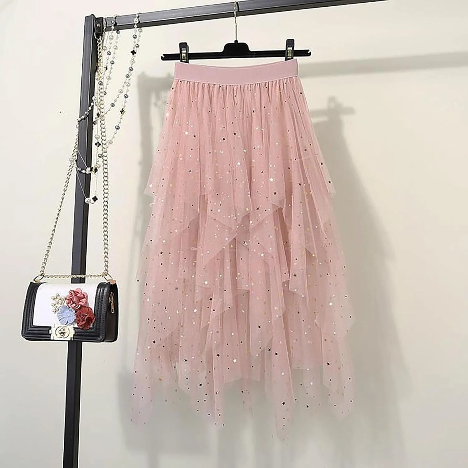 Women's Sequin Skirts A-Line Tiered Mesh Layered Asymmetrical Hem Tutu Tulle Cocktail Party Evening Prom Midi Skirt