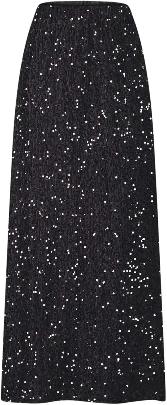 Women's Sequin Velvet Maxi Skirt Elastic High Waist Sparkle Cocktail Skirts Elegant Slim Fit Prom Party Pencil Skirt