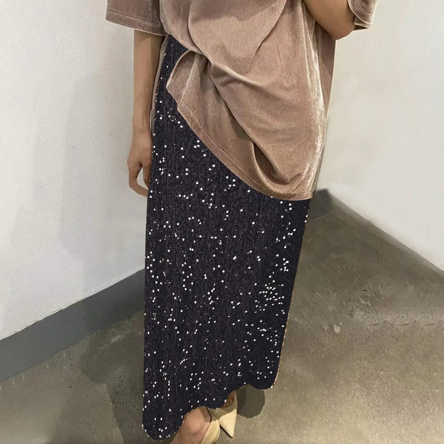 Women's Sequin Velvet Maxi Skirt Elastic High Waist Sparkle Cocktail Skirts Elegant Slim Fit Prom Party Pencil Skirt