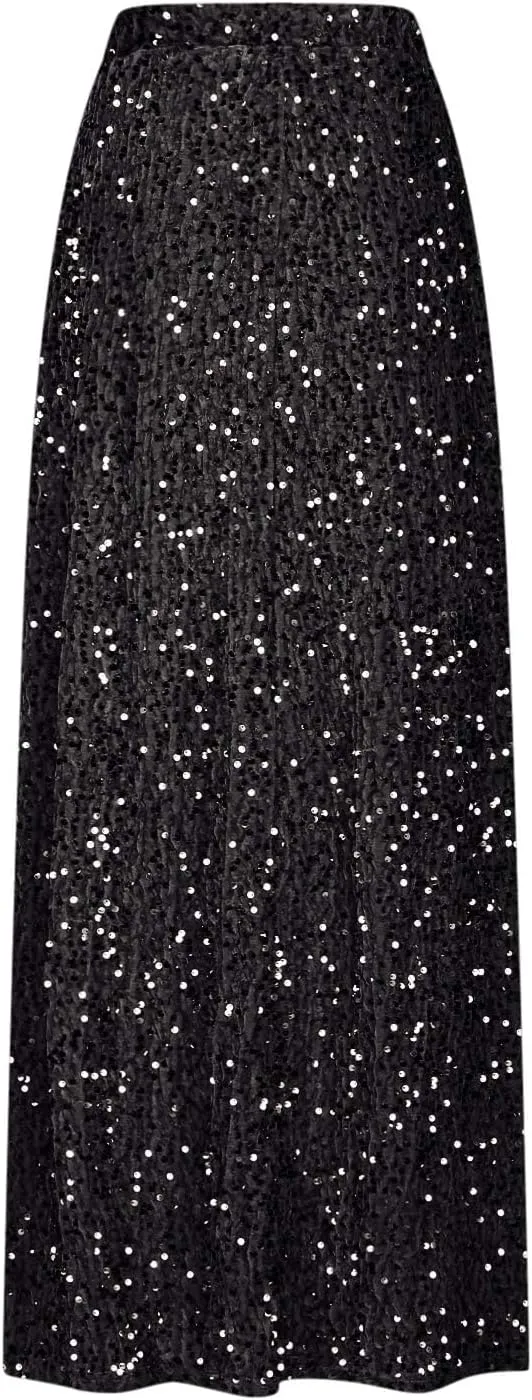 Women's Sequin Velvet Maxi Skirt Elastic High Waist Sparkle Cocktail Skirts Elegant Slim Fit Prom Party Pencil Skirt