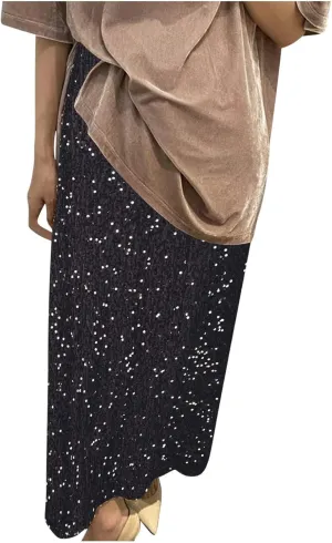 Women's Sequin Velvet Maxi Skirt Elastic High Waist Sparkle Cocktail Skirts Elegant Slim Fit Prom Party Pencil Skirt
