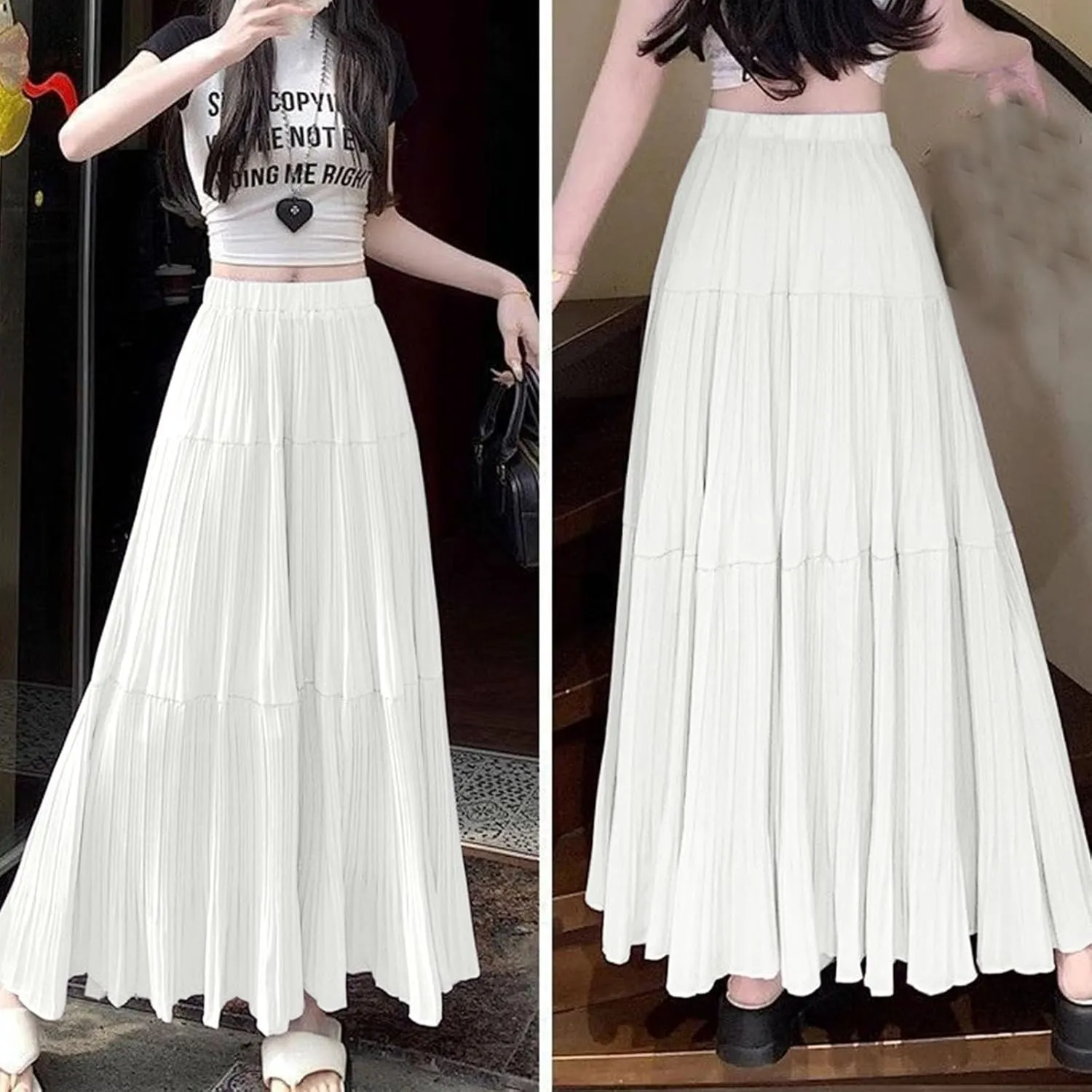 Women's Summer Chiffon Maxi Skirts Pleated Elastic Waist A-Line Flowy Tiered Beach Dress Pleated Swing Long Skirt
