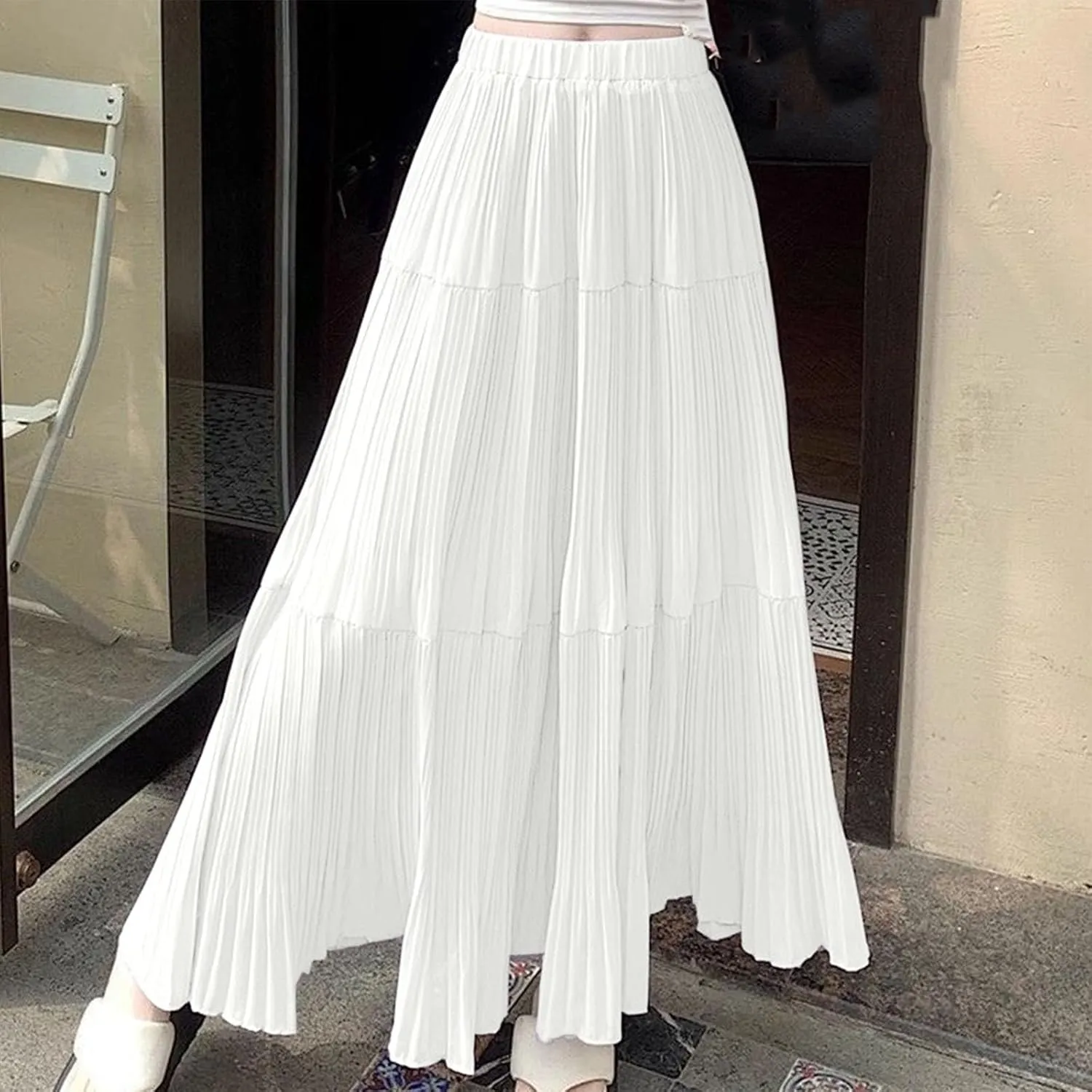Women's Summer Chiffon Maxi Skirts Pleated Elastic Waist A-Line Flowy Tiered Beach Dress Pleated Swing Long Skirt