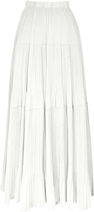Women's Summer Chiffon Maxi Skirts Pleated Elastic Waist A-Line Flowy Tiered Beach Dress Pleated Swing Long Skirt