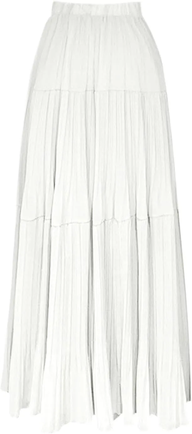 Women's Summer Chiffon Maxi Skirts Pleated Elastic Waist A-Line Flowy Tiered Beach Dress Pleated Swing Long Skirt
