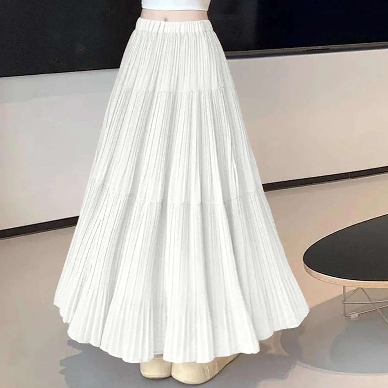 Women's Summer Chiffon Maxi Skirts Pleated Elastic Waist A-Line Flowy Tiered Beach Dress Pleated Swing Long Skirt