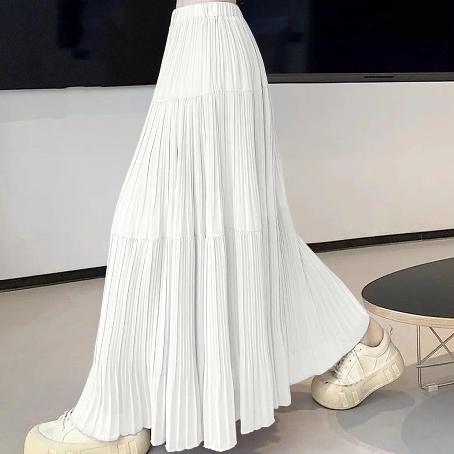 Women's Summer Chiffon Maxi Skirts Pleated Elastic Waist A-Line Flowy Tiered Beach Dress Pleated Swing Long Skirt