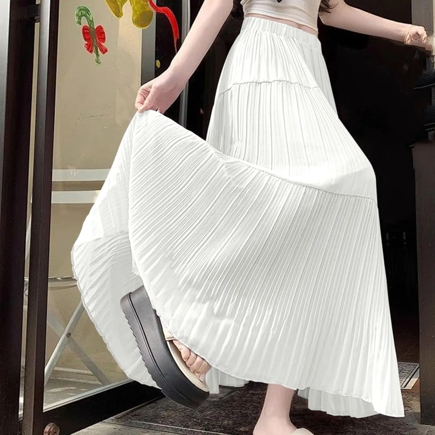Women's Summer Chiffon Maxi Skirts Pleated Elastic Waist A-Line Flowy Tiered Beach Dress Pleated Swing Long Skirt