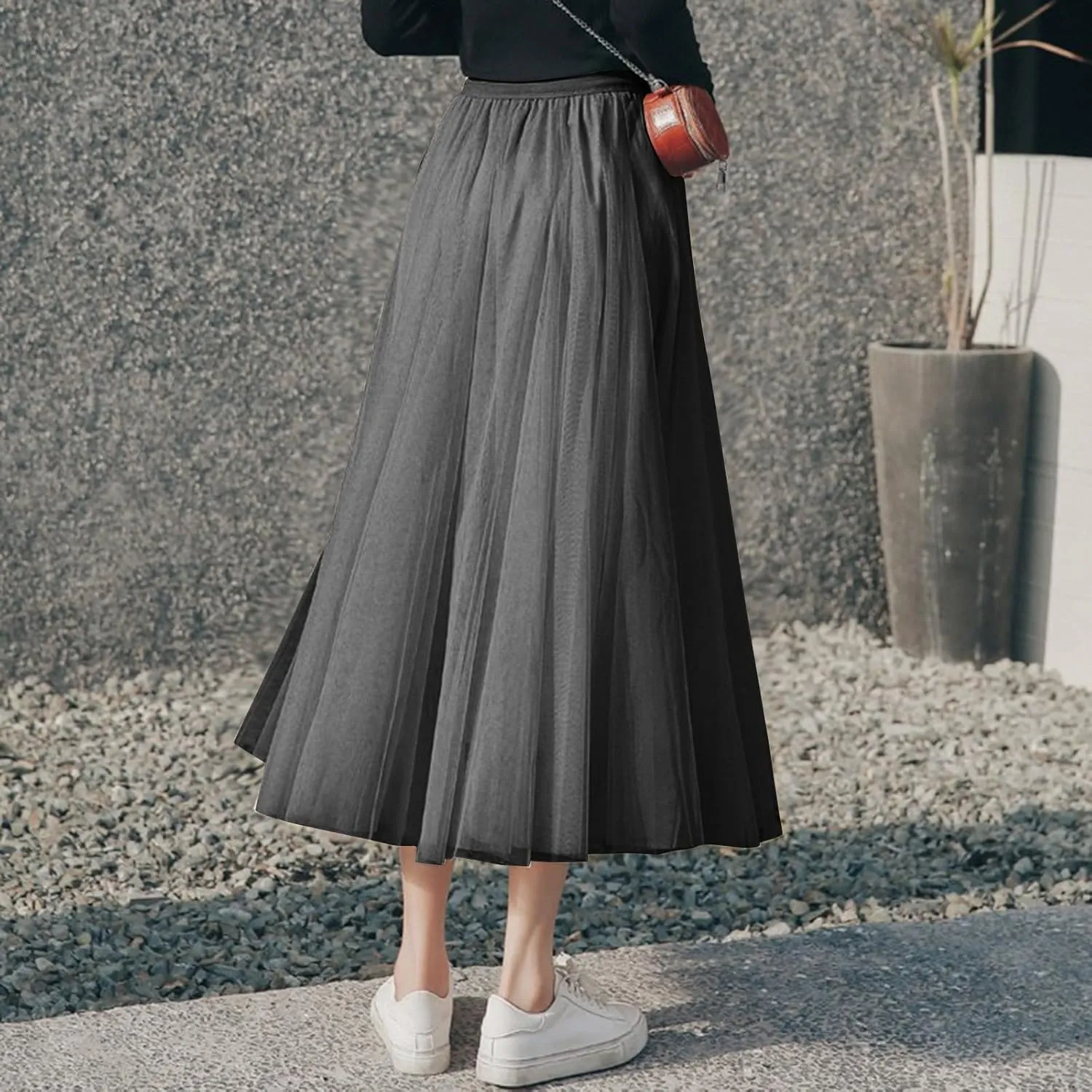 Womens Tulle Maxi Skirts Summer Party Solid Beach Elastic High Waist Pleated A-Line Flowy Swing Long Maxi Skirt